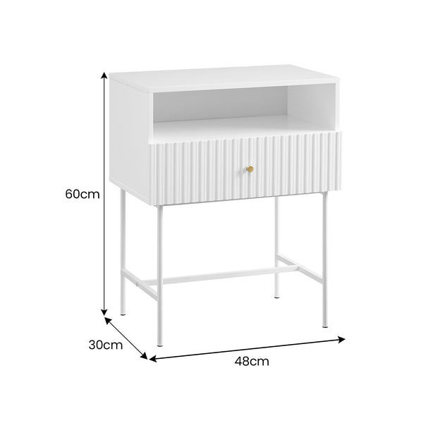 Sarantino Cecil Slender Fluted Bedside Table In White