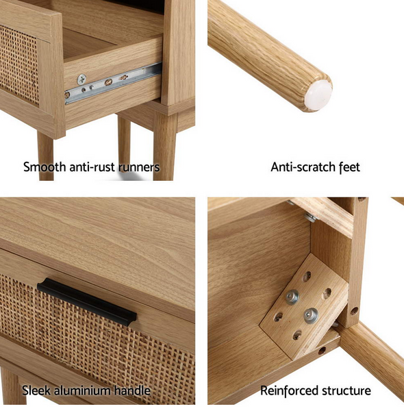 Artiss Set 2 Bedside Tables Storage Cabinet Rattan Wood Nightstand