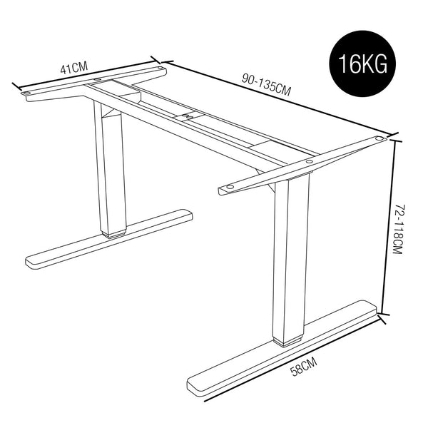 FORTIA Sit/Stand Desk Frame, 58 x 90-135cm, 72-118cm Height Adjustable, 70kg Load, Black