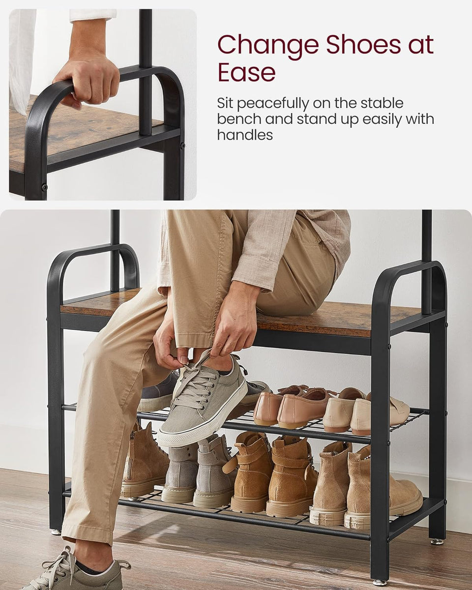 VASAGLE 4-in-1 Coat Rack with Shoe Bench and Removable Hooks