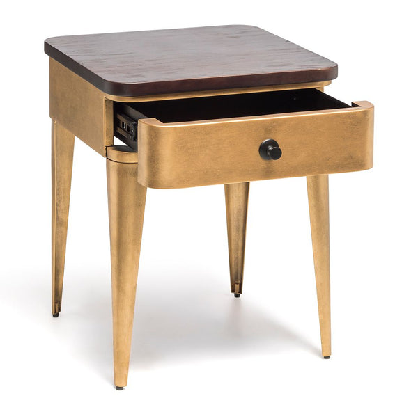 Modern Bedside Table in Brass Finish with Storage Drawer and Wood Top