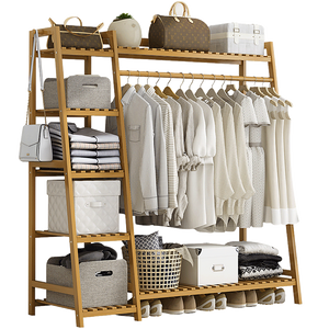 Portable Clothes Rack Coat Garment Stand Bamboo Rail Hanger Airer Closet