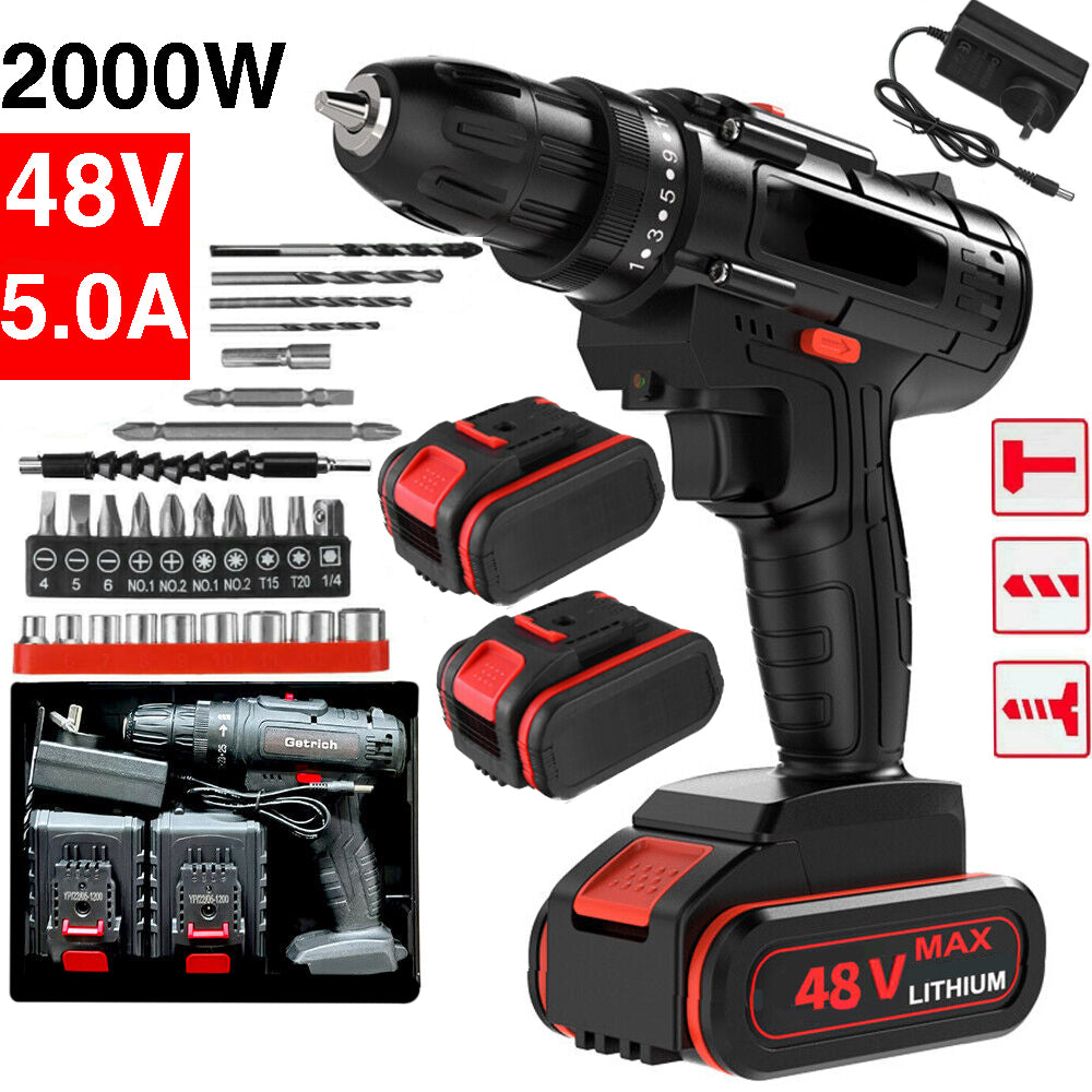 48V BRUSHLESS HEAVY DUTY CORDLESS DRILL IMPACT DRIVER KIT HAMMER +2 BATTERY Box