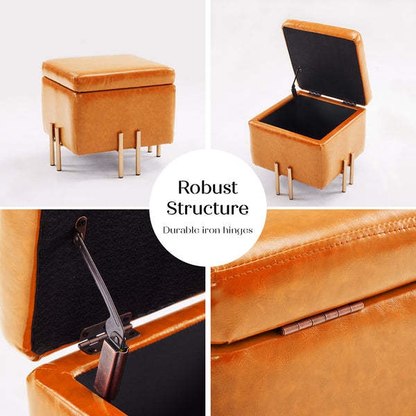 2X Storage Ottoman Foot Stool Cube Tuffet Seat 45cm PU Leather LIGHT BROWN