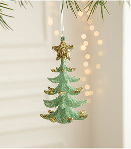 Green Glitter Christmas Tree Ornament with Gold Star Top - Hanging Festive Decoration 5 pieces