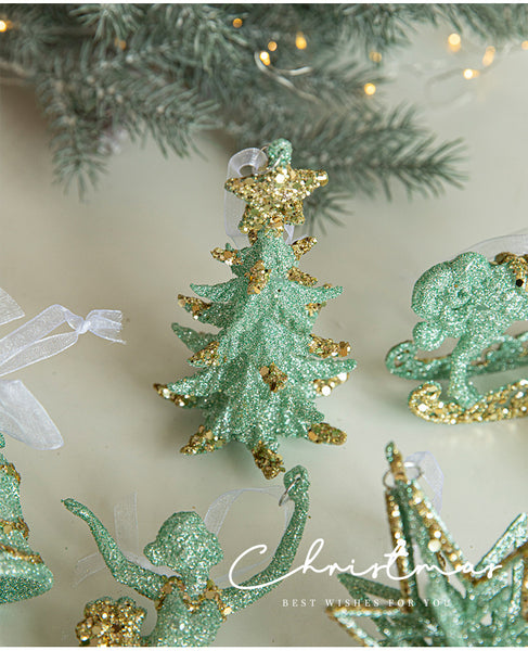 Green Glitter Christmas Tree Ornament with Gold Star Top - Hanging Festive Decoration 5 pieces