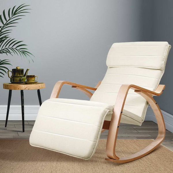 Artiss Fabric Rocking Armchair with Adjustable Footrest - Beige