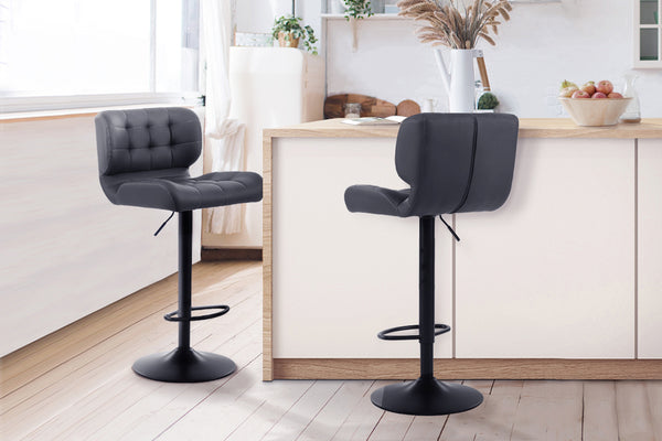 Artiss Set of 2 Kitchen Bar Stools Gas Lift Plush PU Leather - Black and Grey