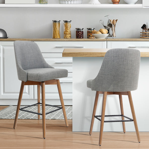 Artiss Set of 2 Wooden Fabric Bar Stools Square Footrest - Light Grey