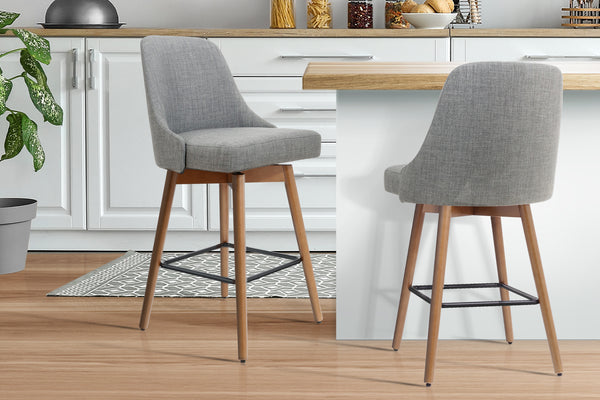 Artiss Set of 2 Wooden Fabric Bar Stools Square Footrest - Light Grey