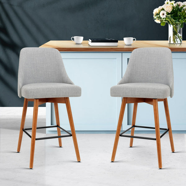 Artiss Set of 2 Wooden Fabric Bar Stools Square Footrest - Light Grey