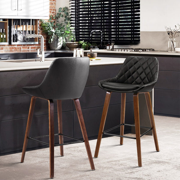 Artiss Set of 2 Bar Stools Bentwood PU Leather Diamond Pleat - Black