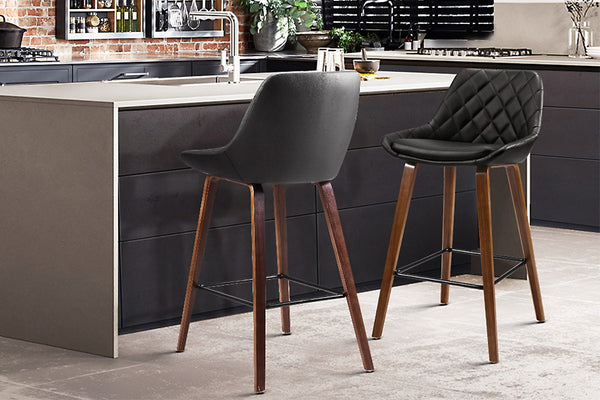 Artiss Set of 2 Bar Stools Bentwood PU Leather Diamond Pleat - Black