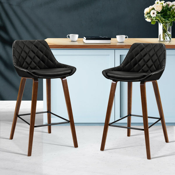 Artiss Set of 2 Bar Stools Bentwood PU Leather Diamond Pleat - Black