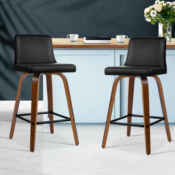 Artiss Set of 2 Wooden PU Leather Bar Stool - Black and Brown Wood Legs