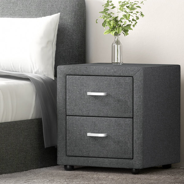 Artiss Bedside Table 2 Drawers Fabric - CADEN Grey