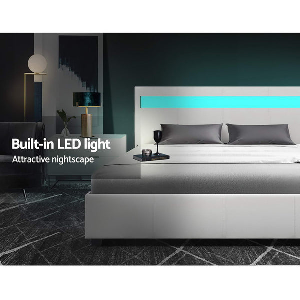 Artiss Bed Frame Double Size Gas Lift RGB LED White Cole