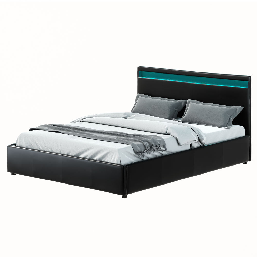 Artiss Cole LED Bed Frame PU Leather Gas Lift Storage - Black Queen