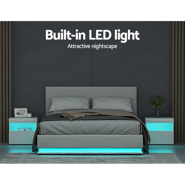 Artiss Lumi LED Bed Frame PU Leather Gas Lift Storage - White Queen