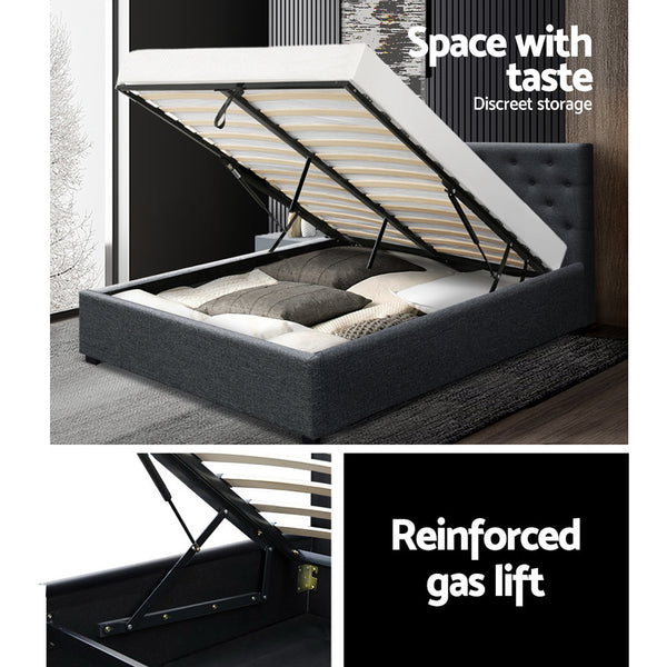 Artiss Vila Bed Frame Fabric Gas Lift Storage - Charcoal Queen