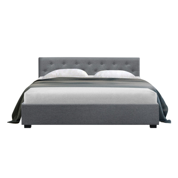 Artiss Vila Bed Frame Fabric Gas Lift Storage - Grey Queen