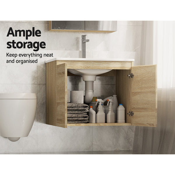 Cefito Vanity Unit Basin Cabinet Storage Bathroom Wall Mounted Ceramic 600mm Oak