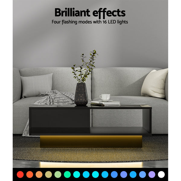 Artiss Coffee Table LED Lights High Gloss Storage Drawer Modern Furniture Black