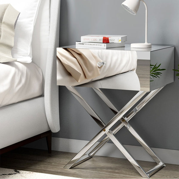Artiss Mirrored Bedside Table Drawers Side Table Storage Nightstand Silver MOCO