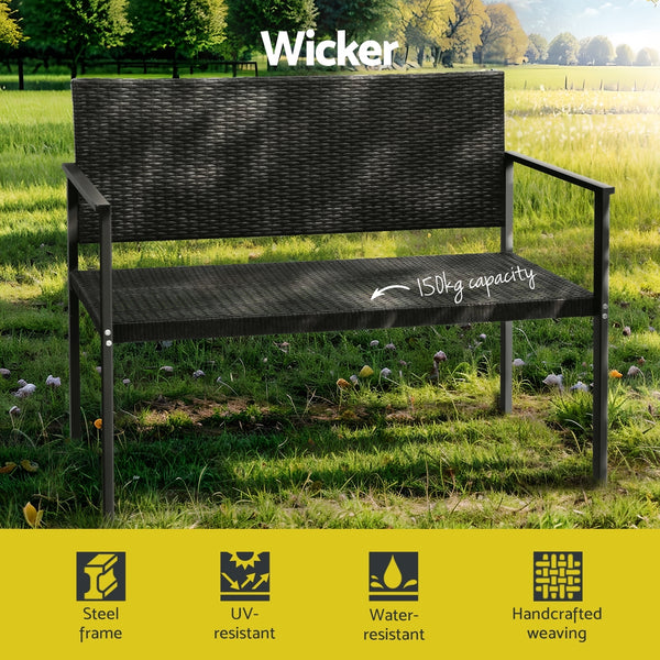 Gardeon Outdoor Garden Bench Seat Rattan Chair Steel Patio Furniture Park Grey