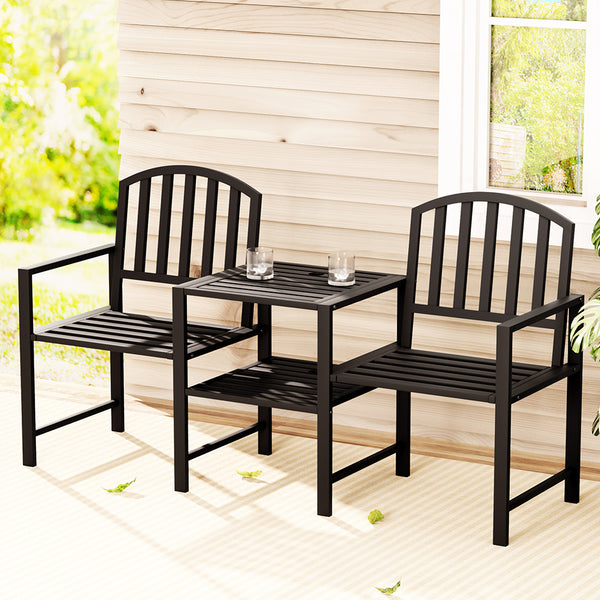 Gardeon Outdoor Garden Bench Seat Loveseat Steel Table Chairs Patio Furniture Black