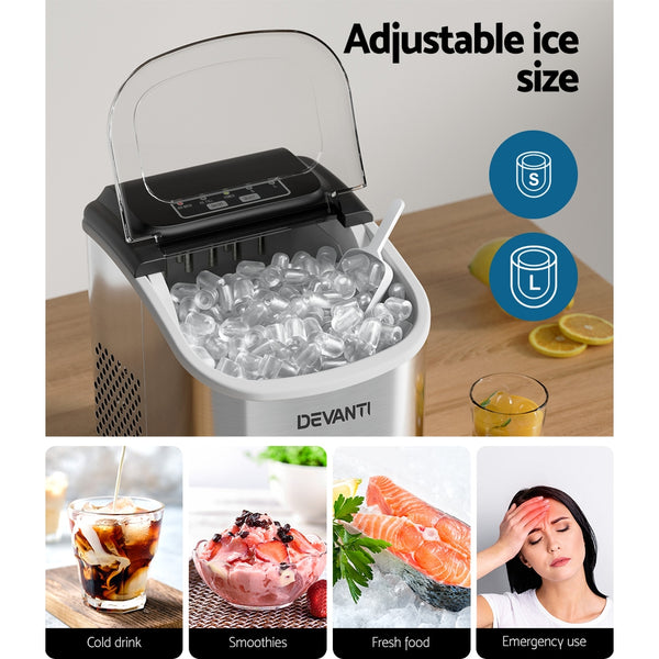 Devanti 12kg Ice Maker Machine w/Self Cleaning Portable Ice Cube Tray 2L White