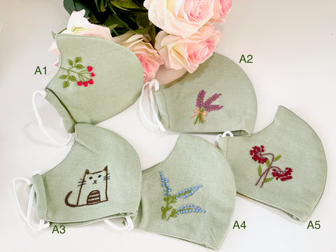Organic Pure Linen Face Mask Hand Embroidery Mouth Masks Washable