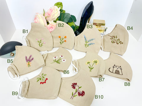 Organic Pure Linen Face Mask Hand Embroidery Mouth Masks Washable