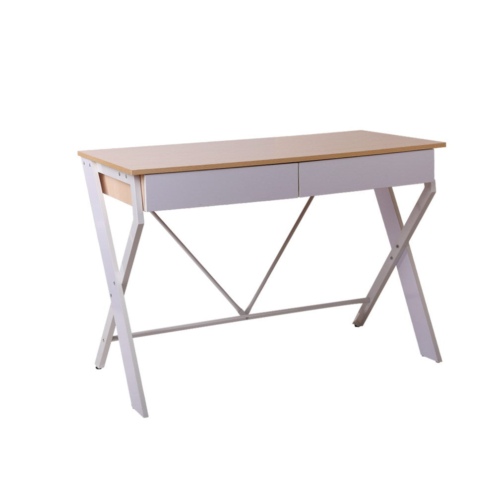 Artiss Metal Desk with Drawer - White with Oak Top