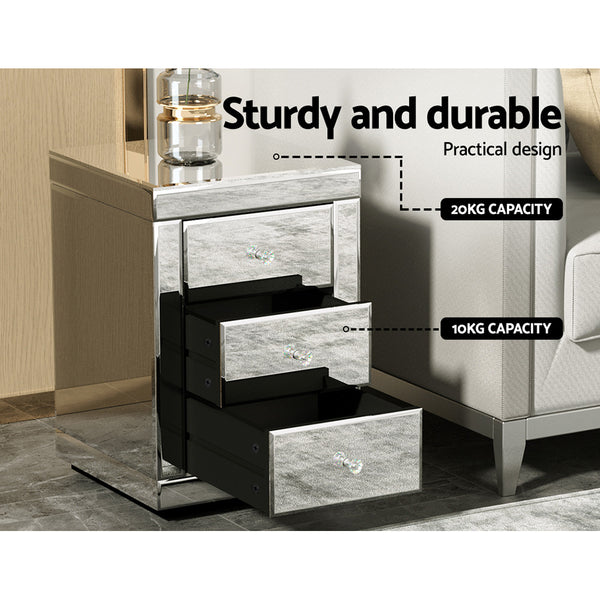 Artiss Bedside Table 3 Drawers Mirrored - PRESIA Silver