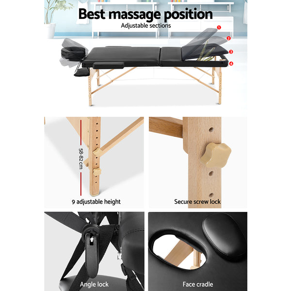 Zenses 60cm Wide Portable Wooden Massage Table 3 Fold Treatment Beauty Therapy Black