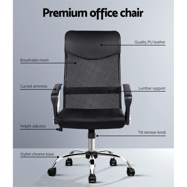 PU Leather Mesh High Back Office Chair - Black
