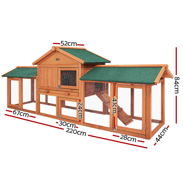 i.Pet Rabbit Hutch Chicken Coop Wooden Cage Pet Hutch 220cm x 52cm x 84cm