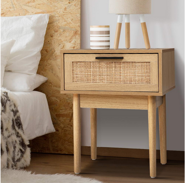 Artiss Set 2 Bedside Tables Storage Cabinet Rattan Wood Nightstand