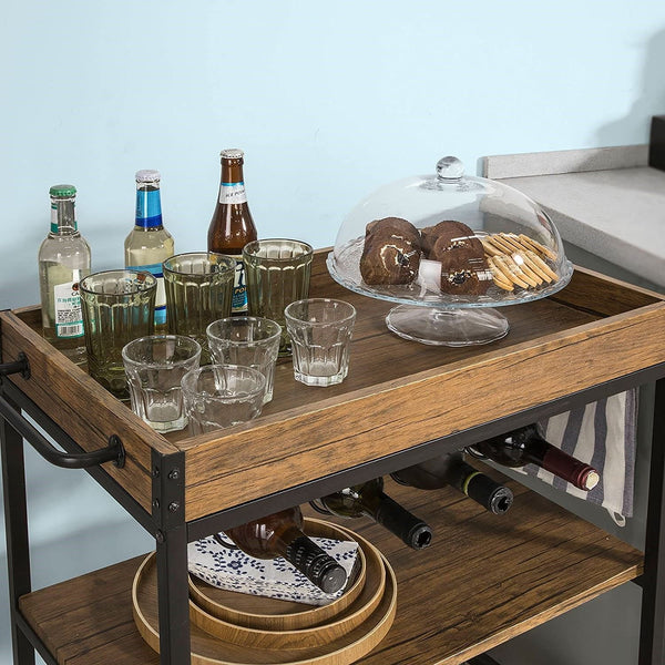 Industrial Vintage Style Wood Metal 3 Tiers Kitchen Serving Trolley with Wine Rack (Brown)