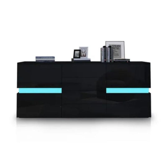 Buffet Sideboard Cabinet High Gloss RGB LED Storage Cupboard with 2 Doors & 4 Drawers Black