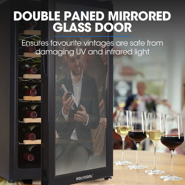 POLYCOOL 72L 28 Bottle Wine Bar Fridge Countertop Cooler Compressor Mirrored Glass Door, Black