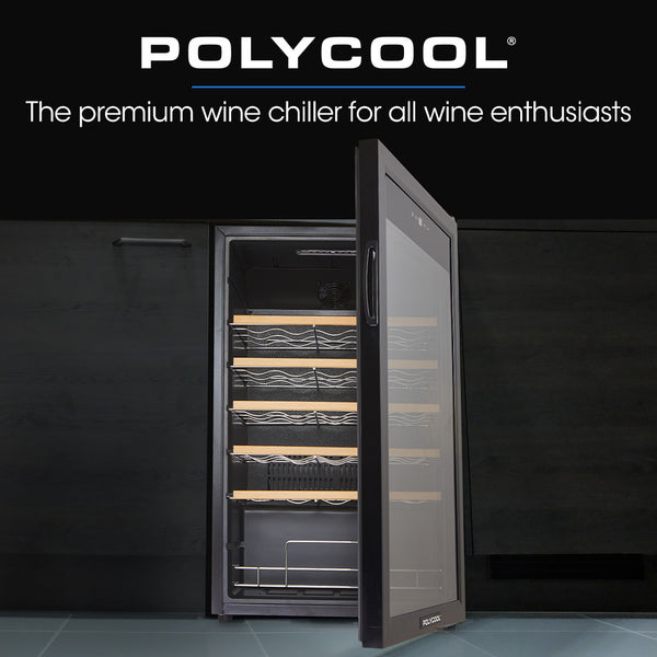 POLYCOOL 95L 34 Bottle Wine Bar Fridge Underbench Cooler Compressor Glass Door, Black