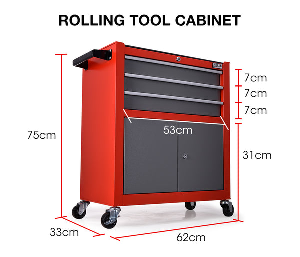 BULLET Tool Chest Cabinet Box Trolley Rolling Wheels Drawer Storage Steel Red