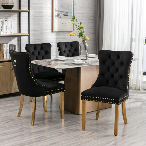 8x Velvet Dining Chairs with Golden Metal Legs-Black