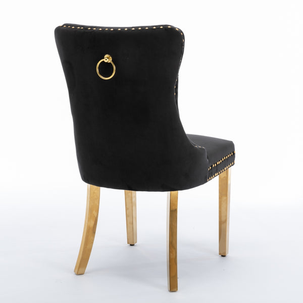 AADEN 2x Velvet Dining Chairs with Golden Metal Legs-Black