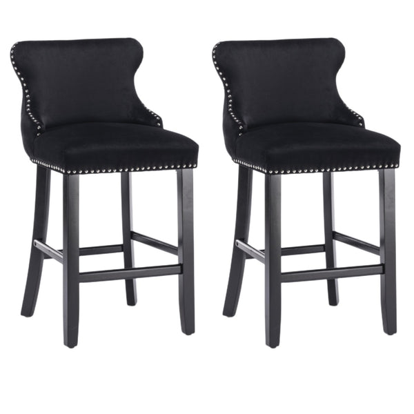 2x Velvet Upholstered Button Tufted Bar Stools with Wood Legs and Studs-Black