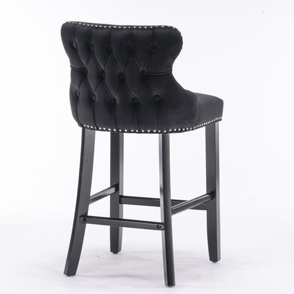 2x Velvet Upholstered Button Tufted Bar Stools with Wood Legs and Studs-Black