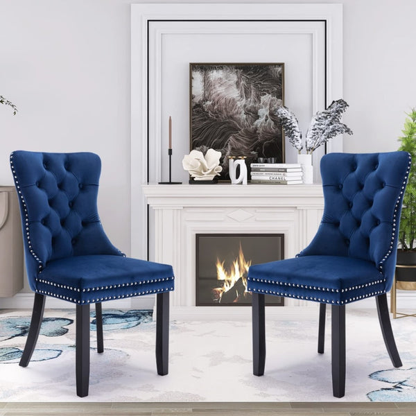 6x Velvet Dining Chairs Upholstered Tufted Kithcen Chair with Solid Wood Legs Stud Trim and Ring-Blue