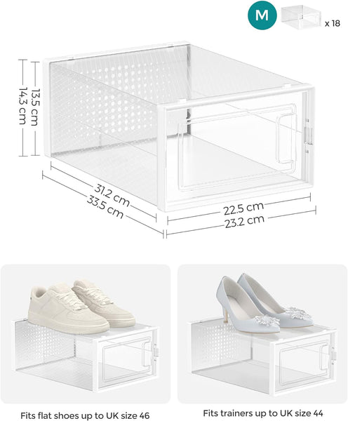 SONGMICS 18 Pack Foldable Stackable Shoe Boxes Fit up to AU Size 11 Transparent